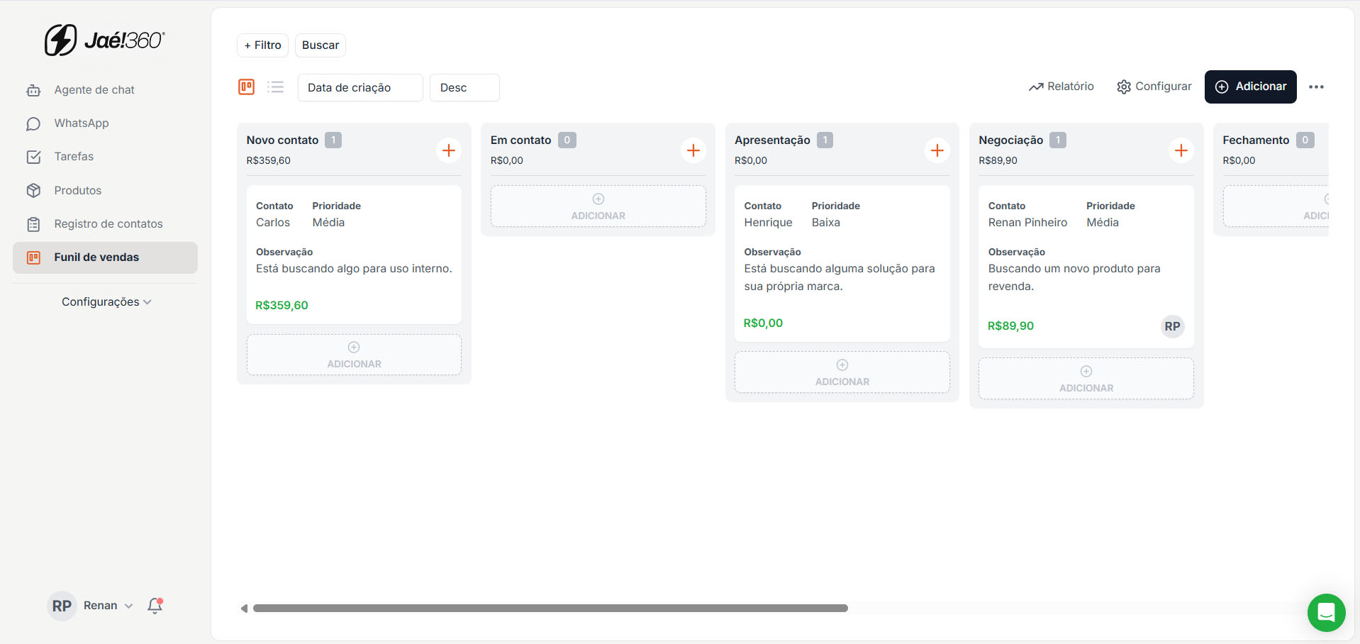 Interface do JaeCRM - Funil de Vendas